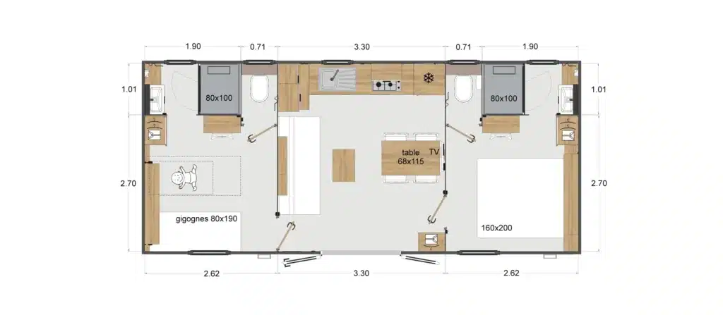 Plan du Cottage CONFORT 2 chambres, 2 salles de bains